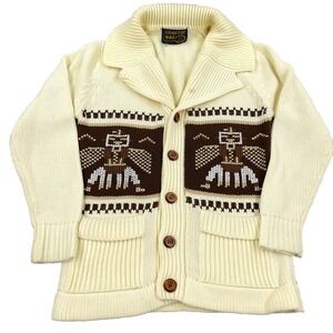 Vintage Navajo Cardigan Sweater Men Small Native American Chunky 70s Cream Boho